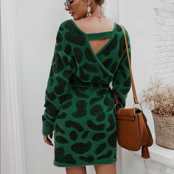🆕🔥Leopard V Neck Tie Belt Sweater Dress Jade - Picture 5 of 6